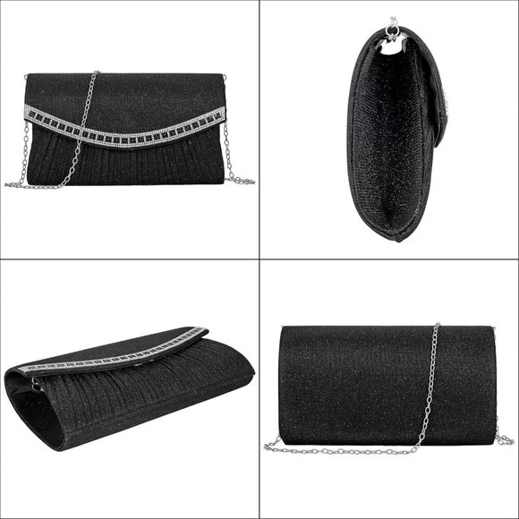 Pleated Evening Clutch Bag Rhinestone Envelope Handbag Small Glitter Shoulder Cr - Picture 3 of 8